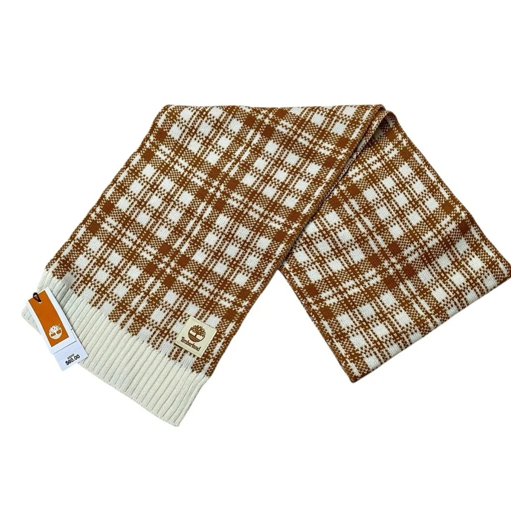 Timberland Camel Plaid Knit Winter Scarf Cozy Neutral NWT